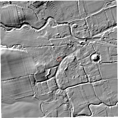 Shaded relief map of the ground around HR69BN, computed from Environment Agency LiDAR. The ground here sits at about 85 m above sea level and falls 10 m across the surrounding 800 m. Surface water reaching this point runs off ground lying to the west, 8.2 m higher.