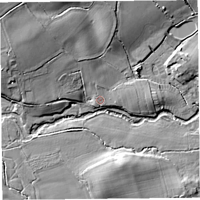 Shaded relief map of the ground around HR69BS, computed from Environment Agency LiDAR. The ground here sits at about 89 m above sea level and falls 18 m across the surrounding 800 m. Surface water reaching this point runs off ground lying to the north-north-west, 6.1 m higher.