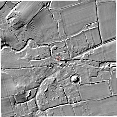 Shaded relief map of the ground around HR69BT, computed from Environment Agency LiDAR. The ground here sits at about 85 m above sea level and falls 9 m across the surrounding 800 m. Surface water reaching this point runs off ground lying to the south-south-east, 2.3 m higher.