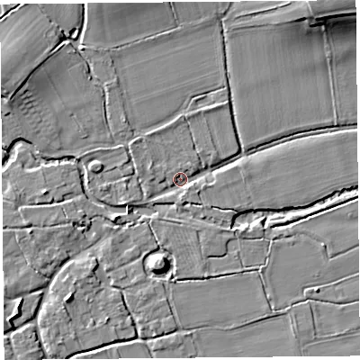Shaded relief map of the ground around HR69BU, computed from Environment Agency LiDAR. The ground here sits at about 84 m above sea level and falls 13 m across the surrounding 800 m. Surface water reaching this point runs off ground lying to the west-north-west, 6.9 m higher.