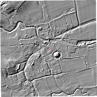 Shaded relief map of the ground around HR69BW, computed from Environment Agency LiDAR. The ground here sits at about 84 m above sea level and falls 9 m across the surrounding 800 m. Surface water reaching this point runs off ground lying to the south-south-west, 1.2 m higher.