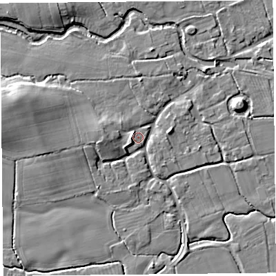 Shaded relief map of the ground around HR69BX, computed from Environment Agency LiDAR. The ground here sits at about 85 m above sea level and falls 10 m across the surrounding 800 m. Surface water reaching this point runs off ground lying to the west, 3.9 m higher.