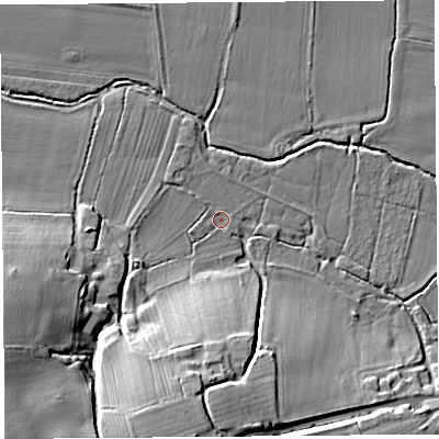 Shaded relief map of the ground around HR69DD, computed from Environment Agency LiDAR. The ground here sits at about 74 m above sea level and falls 20 m across the surrounding 800 m. Surface water reaching this point runs off ground lying to the south-west, 18.2 m higher.