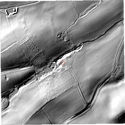 Shaded relief map of the ground around HR69DH, computed from Environment Agency LiDAR. The ground here sits at about 90 m above sea level and falls 24 m across the surrounding 800 m. Surface water reaching this point runs off ground lying to the south-west, 18.2 m higher.