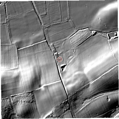 Shaded relief map of the ground around HR69DN, computed from Environment Agency LiDAR. The ground here sits at about 88 m above sea level and falls 28 m across the surrounding 800 m. Surface water reaching this point runs off ground lying to the south, 5.0 m higher.