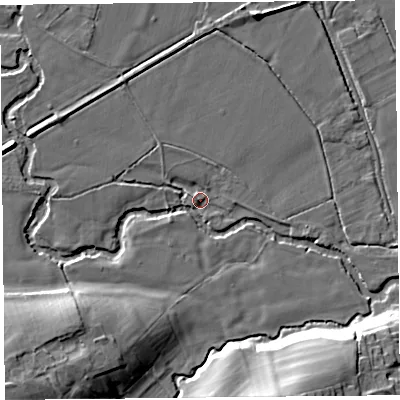 Shaded relief map of the ground around HR69EZ, computed from Environment Agency LiDAR. The ground here sits at about 98 m above sea level and falls 16 m across the surrounding 800 m. Surface water reaching this point runs off ground lying to the north-west, 2.6 m higher.