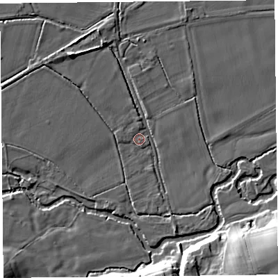 Shaded relief map of the ground around HR69HL, computed from Environment Agency LiDAR. The ground here sits at about 96 m above sea level and falls 12 m across the surrounding 800 m. Surface water reaching this point runs off ground lying to the north-west, 1.5 m higher.