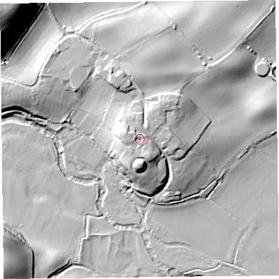 Shaded relief map of the ground around HR69HR, computed from Environment Agency LiDAR. The ground here sits at about 125 m above sea level and falls 41 m across the surrounding 800 m. Surface water reaching this point runs off ground lying to the west, 3.1 m higher.
