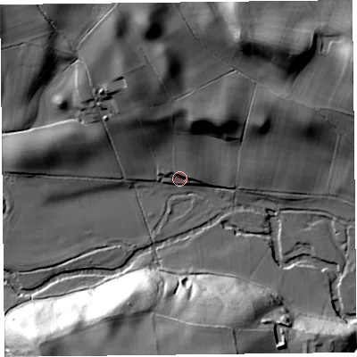 Shaded relief map of the ground around HR69HS, computed from Environment Agency LiDAR. The ground here sits at about 117 m above sea level and falls 43 m across the surrounding 800 m. Surface water reaching this point runs off ground lying to the north-north-west, 31.8 m higher.