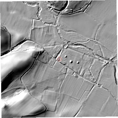 Shaded relief map of the ground around HR69HW, computed from Environment Agency LiDAR. The ground here sits at about 107 m above sea level and falls 35 m across the surrounding 800 m. Surface water reaching this point runs off ground lying to the west, 22.0 m higher.