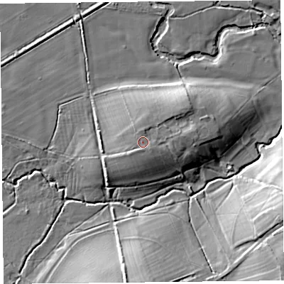 Shaded relief map of the ground around HR69HY, computed from Environment Agency LiDAR. The ground here sits at about 105 m above sea level and falls 15 m across the surrounding 800 m. Surface water reaching this point runs off ground lying to the south-east, 0.9 m higher.