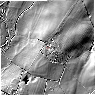 Shaded relief map of the ground around HR69HZ, computed from Environment Agency LiDAR. The ground here sits at about 120 m above sea level and falls 23 m across the surrounding 800 m. Surface water reaching this point runs off ground lying to the south-east, 4.3 m higher.