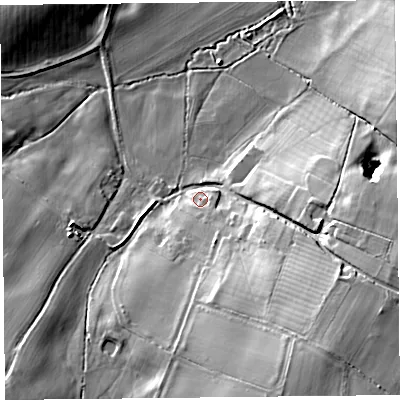 Shaded relief map of the ground around HR69JE, computed from Environment Agency LiDAR. The ground here sits at about 112 m above sea level and falls 23 m across the surrounding 800 m. Surface water reaching this point runs off ground lying to the south-east, 17.8 m higher.