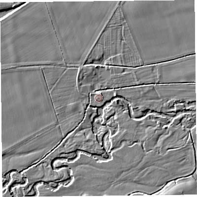 Shaded relief map of the ground around HR69JY, computed from Environment Agency LiDAR. The ground here sits at about 94 m above sea level and falls 5 m across the surrounding 800 m. Surface water reaching this point runs off ground lying to the north, 0.7 m higher.