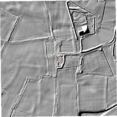 Shaded relief map of the ground around HR69JZ, computed from Environment Agency LiDAR. The ground here sits at about 99 m above sea level and falls 10 m across the surrounding 800 m. Surface water reaching this point runs off ground lying to the south-south-east, 2.7 m higher.