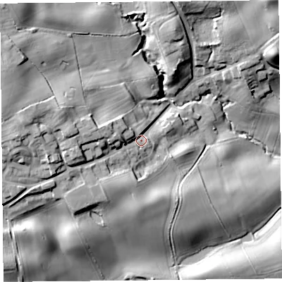 Shaded relief map of the ground around HR69LX, computed from Environment Agency LiDAR. The ground here sits at about 134 m above sea level and falls 34 m across the surrounding 800 m. Surface water reaching this point runs off ground lying to the west, 15.0 m higher.