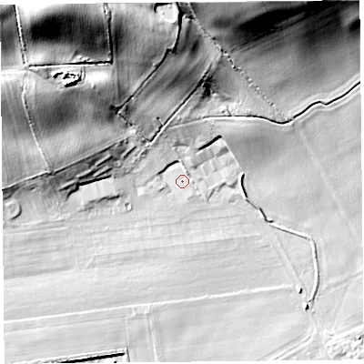 Shaded relief map of the ground around HR69NR, computed from Environment Agency LiDAR. The ground here sits at about 94 m above sea level and falls 34 m across the surrounding 800 m. Surface water reaching this point runs off ground lying to the north, 6.5 m higher.