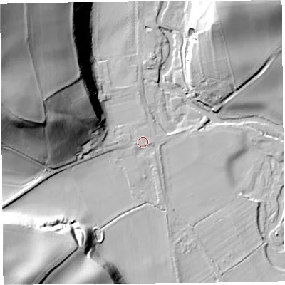Shaded relief map of the ground around HR69PD, computed from Environment Agency LiDAR. The ground here sits at about 98 m above sea level and falls 56 m across the surrounding 800 m. Surface water reaching this point runs off ground lying to the south-west, 1.0 m higher.