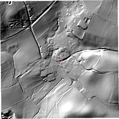 Shaded relief map of the ground around HR69PQ, computed from Environment Agency LiDAR. The ground here sits at about 114 m above sea level and falls 46 m across the surrounding 800 m. Surface water reaching this point runs off ground lying to the north-east, 28.6 m higher.
