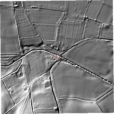 Shaded relief map of the ground around HR69QB, computed from Environment Agency LiDAR. The ground here sits at about 88 m above sea level and falls 13 m across the surrounding 800 m. Surface water reaching this point runs off ground lying to the south-south-west, 12.9 m higher.