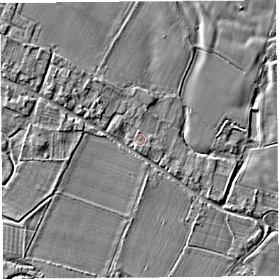 Shaded relief map of the ground around HR69QS, computed from Environment Agency LiDAR. The ground here sits at about 85 m above sea level and falls 6 m across the surrounding 800 m. Surface water reaching this point runs off ground lying to the east, 1.0 m higher.
