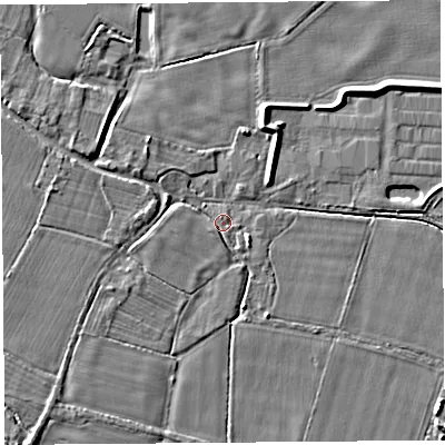 Shaded relief map of the ground around HR69QU, computed from Environment Agency LiDAR. The ground here sits at about 82 m above sea level and falls 6 m across the surrounding 800 m. Surface water reaching this point runs off ground lying to the west-north-west, 1.9 m higher.