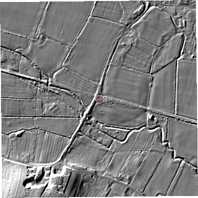 Shaded relief map of the ground around HR69QX, computed from Environment Agency LiDAR. The ground here sits at about 82 m above sea level and falls 13 m across the surrounding 800 m. Surface water reaching this point runs off ground lying to the south-west, 11.8 m higher.