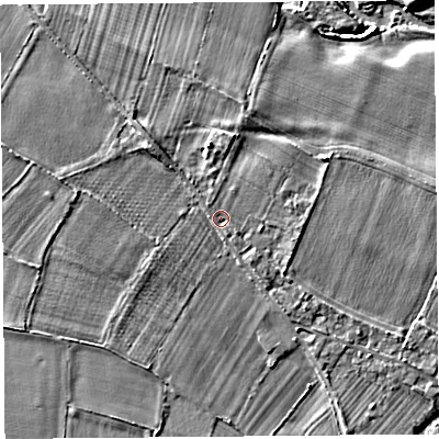 Shaded relief map of the ground around HR69SA, computed from Environment Agency LiDAR. The ground here sits at about 92 m above sea level and falls 6 m across the surrounding 800 m. Surface water reaching this point runs off ground lying to the north, 2.7 m higher.