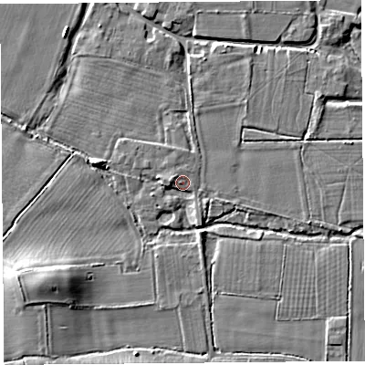 Shaded relief map of the ground around HR69SF, computed from Environment Agency LiDAR. The ground here sits at about 86 m above sea level and falls 9 m across the surrounding 800 m. Surface water reaching this point runs off ground lying to the west-north-west, 2.3 m higher.
