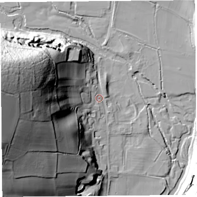Shaded relief map of the ground around HR69ST, computed from Environment Agency LiDAR. The ground here sits at about 107 m above sea level and falls 91 m across the surrounding 800 m. Surface water reaching this point runs off ground lying to the west, 83.6 m higher.