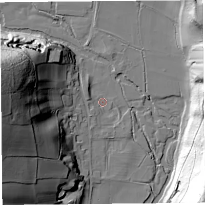Shaded relief map of the ground around HR69SU, computed from Environment Agency LiDAR. The ground here sits at about 103 m above sea level and falls 79 m across the surrounding 800 m. Surface water reaching this point runs off ground lying to the south-west, 5.3 m higher.