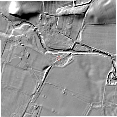 Shaded relief map of the ground around HR69SW, computed from Environment Agency LiDAR. The ground here sits at about 86 m above sea level and falls 14 m across the surrounding 800 m. Surface water reaching this point runs off ground lying to the south-west, 3.5 m higher.