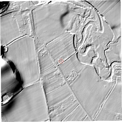 Shaded relief map of the ground around HR69TG, computed from Environment Agency LiDAR. The ground here sits at about 96 m above sea level and falls 23 m across the surrounding 800 m. Surface water reaching this point runs off ground lying to the north-west, 1.2 m higher.