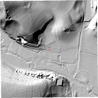 Shaded relief map of the ground around HR69TH, computed from Environment Agency LiDAR. The ground here sits at about 107 m above sea level and falls 106 m across the surrounding 800 m. Surface water reaching this point runs off ground lying to the north-west, 94.6 m higher.