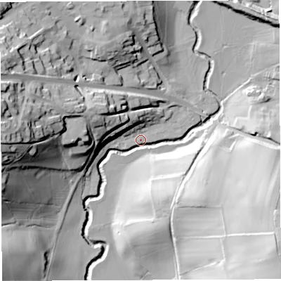 Shaded relief map of the ground around HR74DB, computed from Environment Agency LiDAR. The ground here sits at about 103 m above sea level and falls 51 m across the surrounding 800 m. Surface water reaching this point runs off ground lying to the south-east, 48.0 m higher.