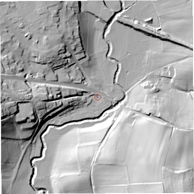 Shaded relief map of the ground around HR74DH, computed from Environment Agency LiDAR. The ground here sits at about 104 m above sea level and falls 49 m across the surrounding 800 m. Surface water reaching this point runs off ground lying to the west, 28.5 m higher.