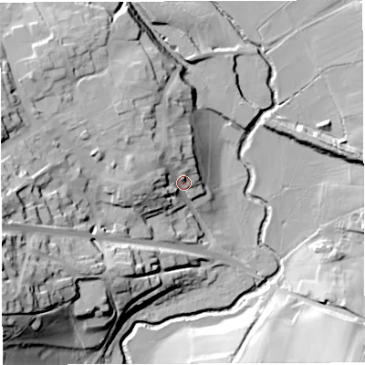 Shaded relief map of the ground around HR74DL, computed from Environment Agency LiDAR. The ground here sits at about 115 m above sea level and falls 45 m across the surrounding 800 m. Surface water reaching this point runs off ground lying to the west-north-west, 12.8 m higher.