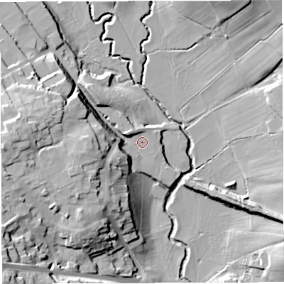 Shaded relief map of the ground around HR74HP, computed from Environment Agency LiDAR. The ground here sits at about 110 m above sea level and falls 32 m across the surrounding 800 m. Surface water reaching this point runs off ground lying to the west, 20.2 m higher.