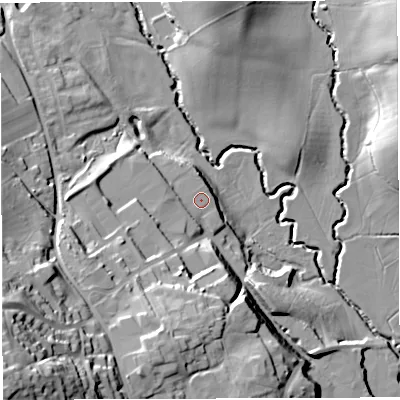Shaded relief map of the ground around HR74HS, computed from Environment Agency LiDAR. The ground here sits at about 113 m above sea level and falls 49 m across the surrounding 800 m. The ground contributing surface water to this point lies to the north-north-east.