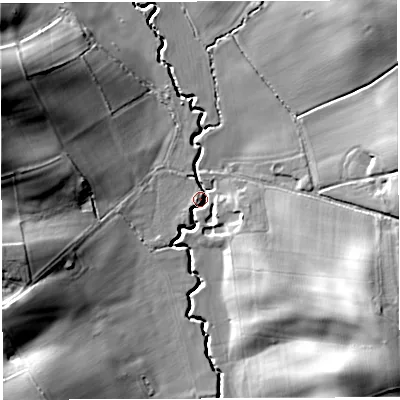 Shaded relief map of the ground around HR74JB, computed from Environment Agency LiDAR. The ground here sits at about 83 m above sea level and falls 28 m across the surrounding 800 m. Surface water reaching this point runs off ground lying to the south-east, 20.9 m higher.