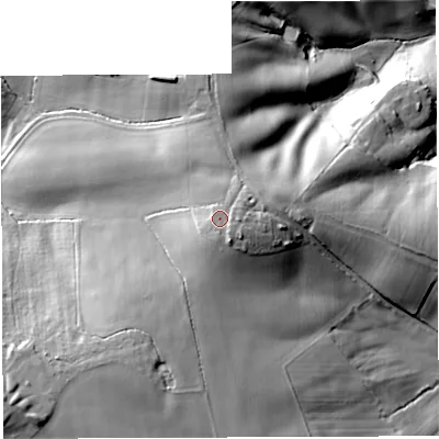 Shaded relief map of the ground around HR74LS, computed from Environment Agency LiDAR. The ground here sits at about 166 m above sea level and falls 35 m across the surrounding 800 m. Surface water reaching this point runs off ground lying to the east-south-east, 2.2 m higher.