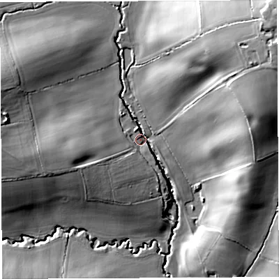 Shaded relief map of the ground around HR74NG, computed from Environment Agency LiDAR. The ground here sits at about 143 m above sea level and falls 37 m across the surrounding 800 m. Surface water reaching this point runs off ground lying to the north-east, 32.2 m higher.