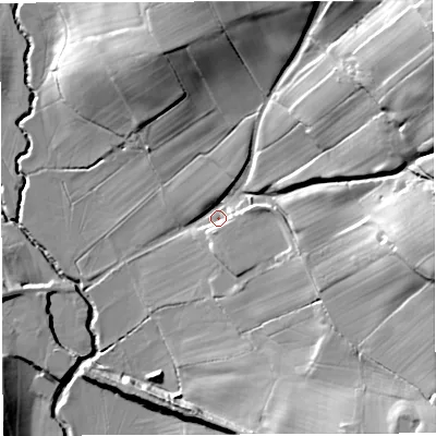 Shaded relief map of the ground around HR74NT, computed from Environment Agency LiDAR. The ground here sits at about 107 m above sea level and falls 45 m across the surrounding 800 m. Surface water reaching this point runs off ground lying to the north-east, 41.4 m higher.