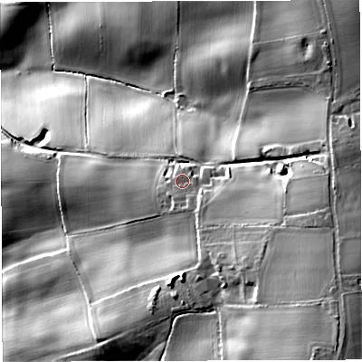 Shaded relief map of the ground around HR74PP, computed from Environment Agency LiDAR. The ground here sits at about 183 m above sea level and falls 54 m across the surrounding 800 m. Surface water reaching this point runs off ground lying to the south-east, 4.5 m higher.