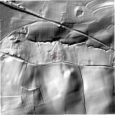Shaded relief map of the ground around HR74QQ, computed from Environment Agency LiDAR. The ground here sits at about 122 m above sea level and falls 47 m across the surrounding 800 m. Surface water reaching this point runs off ground lying to the south-east, 4.3 m higher.