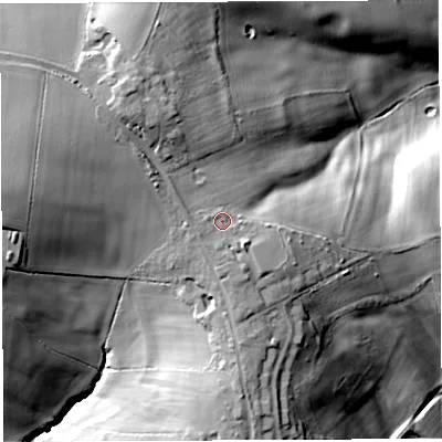 Shaded relief map of the ground around HR74TF, computed from Environment Agency LiDAR. The ground here sits at about 231 m above sea level and falls 48 m across the surrounding 800 m. Surface water reaching this point runs off ground lying to the south-east, 2.7 m higher.
