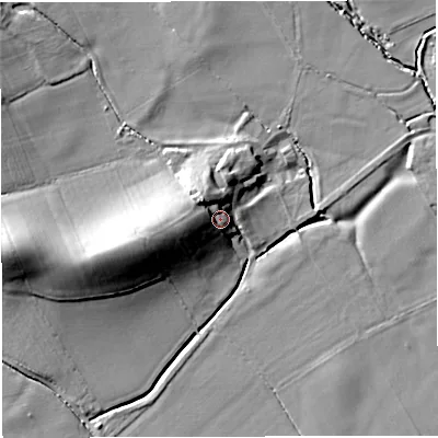 Shaded relief map of the ground around HR81HA, computed from Environment Agency LiDAR. The ground here sits at about 70 m above sea level and falls 16 m across the surrounding 800 m. Surface water reaching this point runs off ground lying to the west, 10.2 m higher.