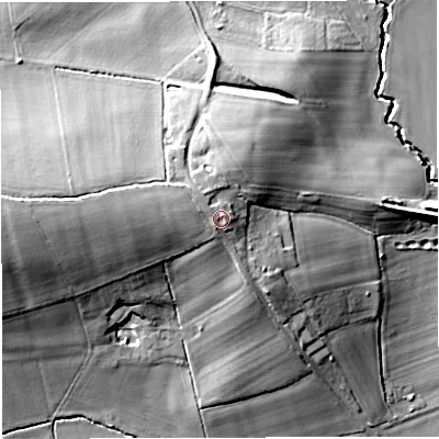 Shaded relief map of the ground around HR81NP, computed from Environment Agency LiDAR. The ground here sits at about 73 m above sea level and falls 21 m across the surrounding 800 m. Surface water reaching this point runs off ground lying to the west-north-west, 1.3 m higher.