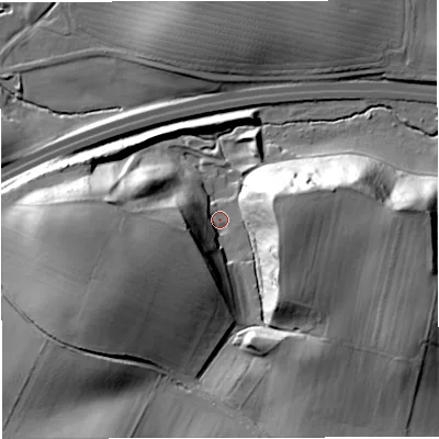 Shaded relief map of the ground around HR81PA, computed from Environment Agency LiDAR. The ground here sits at about 50 m above sea level and falls 34 m across the surrounding 800 m. Surface water reaching this point runs off ground lying to the west-south-west, 26.8 m higher.
