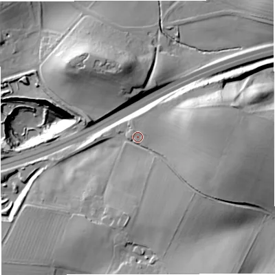 Shaded relief map of the ground around HR81PB, computed from Environment Agency LiDAR. The ground here sits at about 65 m above sea level and falls 44 m across the surrounding 800 m. Surface water reaching this point runs off ground lying to the east-south-east, 13.1 m higher.